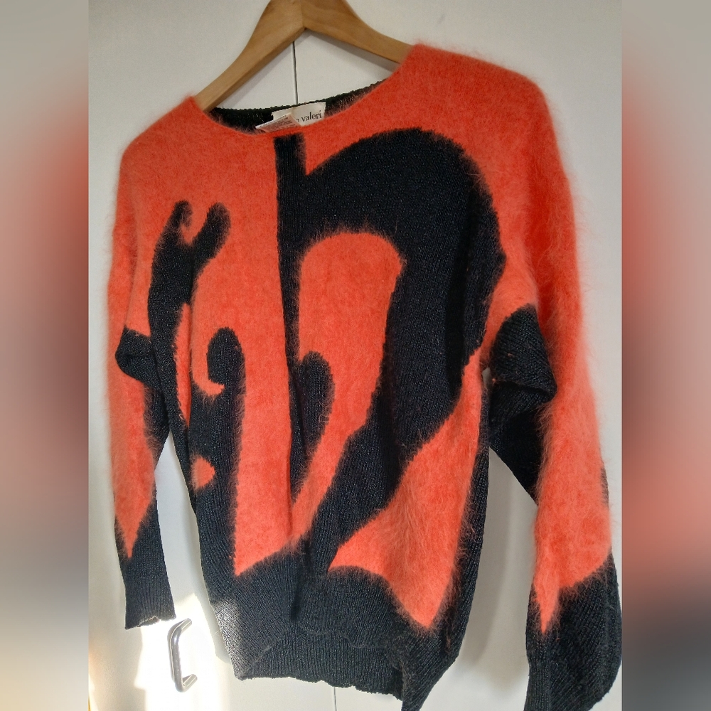 Vintage Franco Valeri Angora Blend Knit Sweater Lg Black Orange Artsy Abstract - Picture 4 of 7
